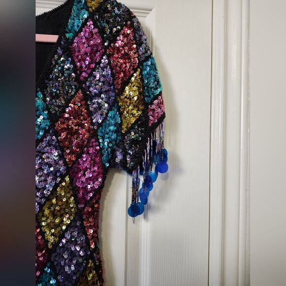 Vintage 80s Colorful Sequins Diamond Argyle Tassel Fringe Midi Dress Fla… - Picture 10 of 13